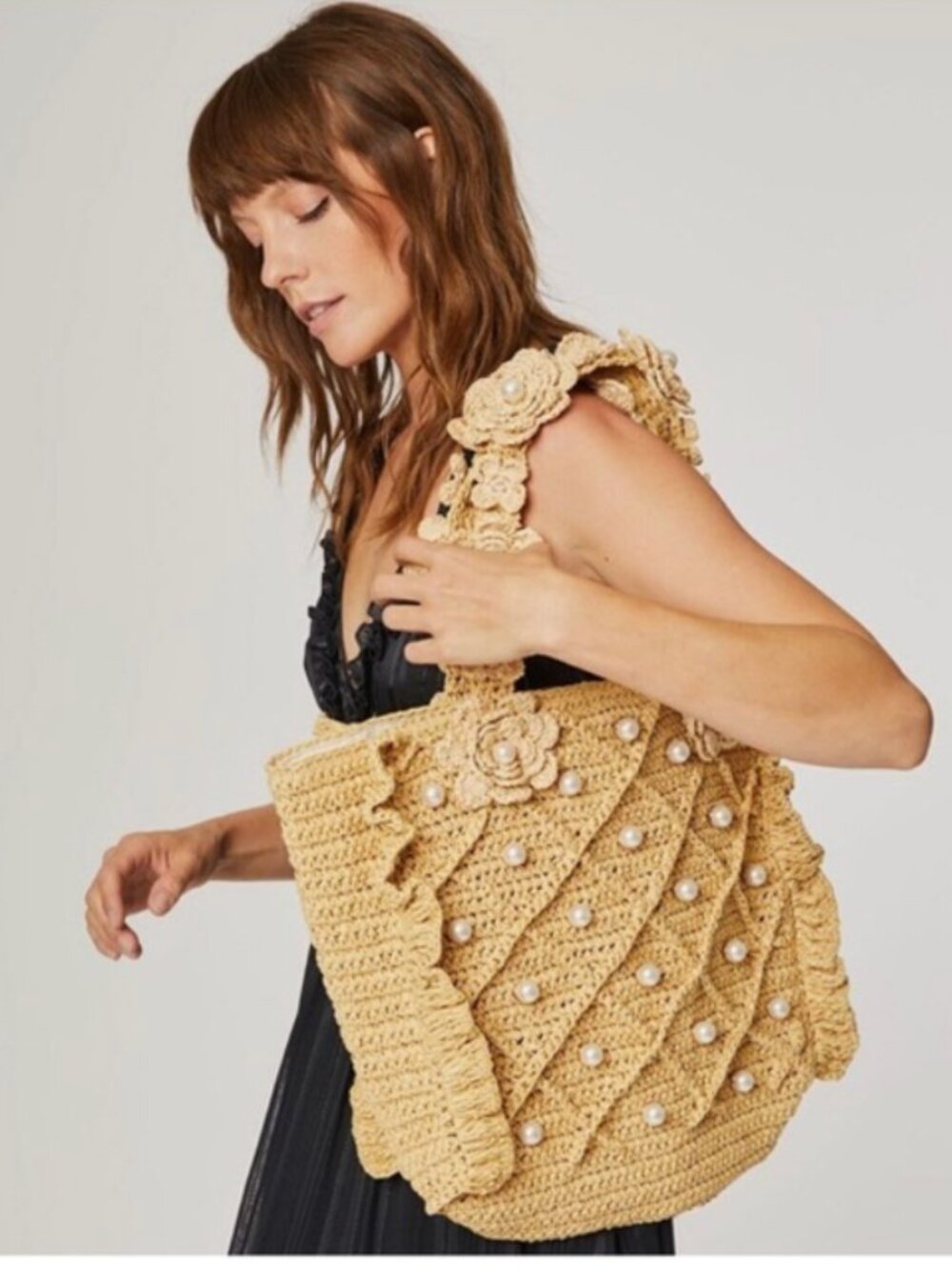 Btb Los Angeles Santorni Raffia Floral Pearl Embellished Tote Bag